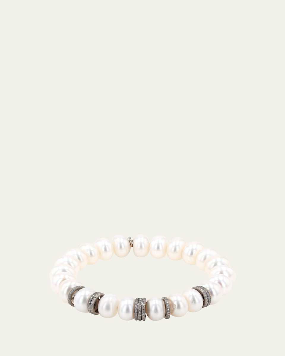 White Pearl and Pave Diamond Rondelle Bracelet